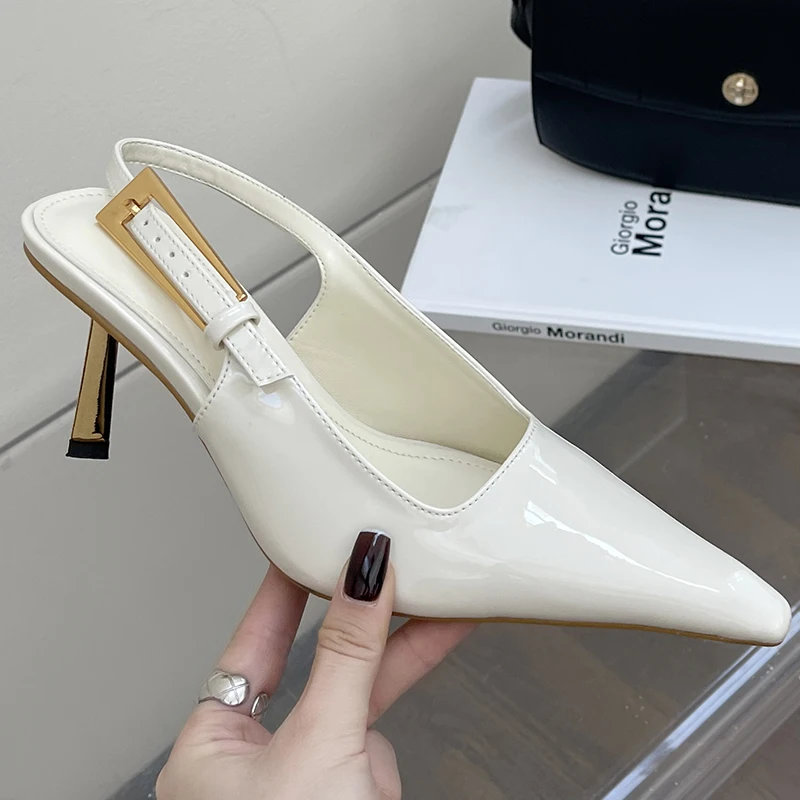 Big Size Footwear New In Heels Pumps Shoes For Women Metal Buckle Female Slingback Fashion Pointed Toe Ladies Thin Heels Shoes