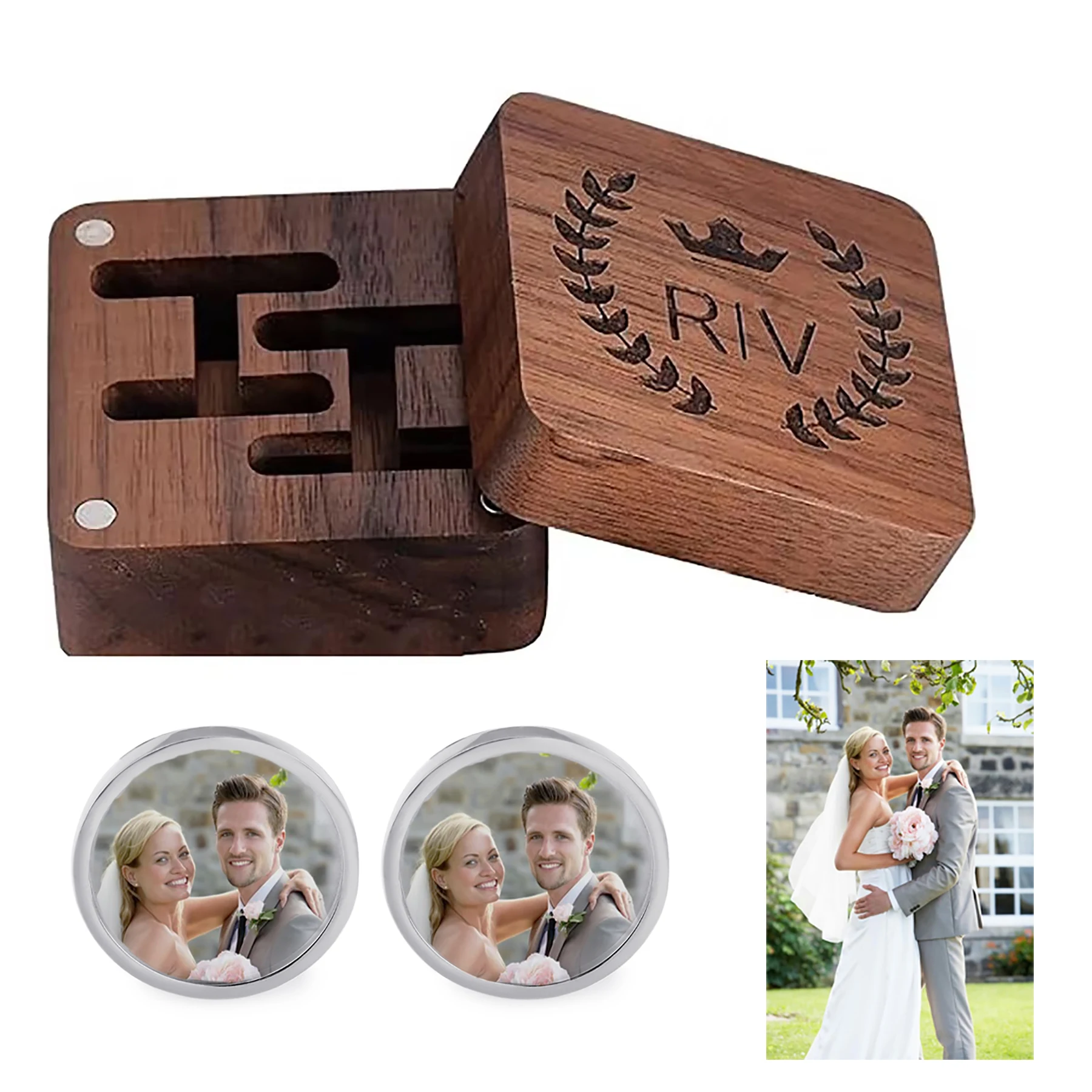 

Fashion Stainless Steel Cufflinks Personalized Photo Engraved Jewelry with Wooden Box Set Gift for Bridegroom Father Men