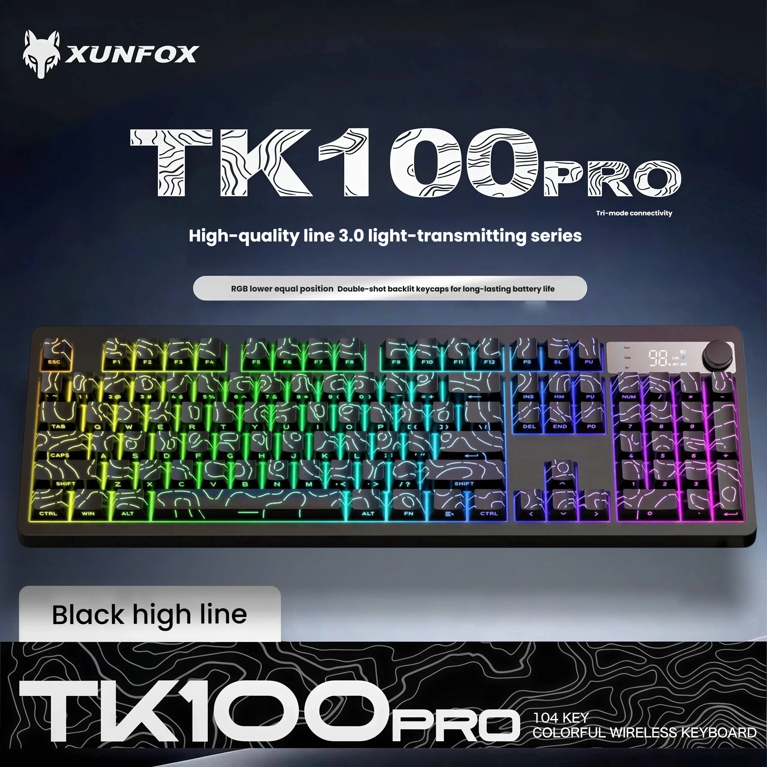 TK100 wireless Bluetooth wired triple-mode mechanical feel keyboard with high-definition display, rotary knob and RGB lighting