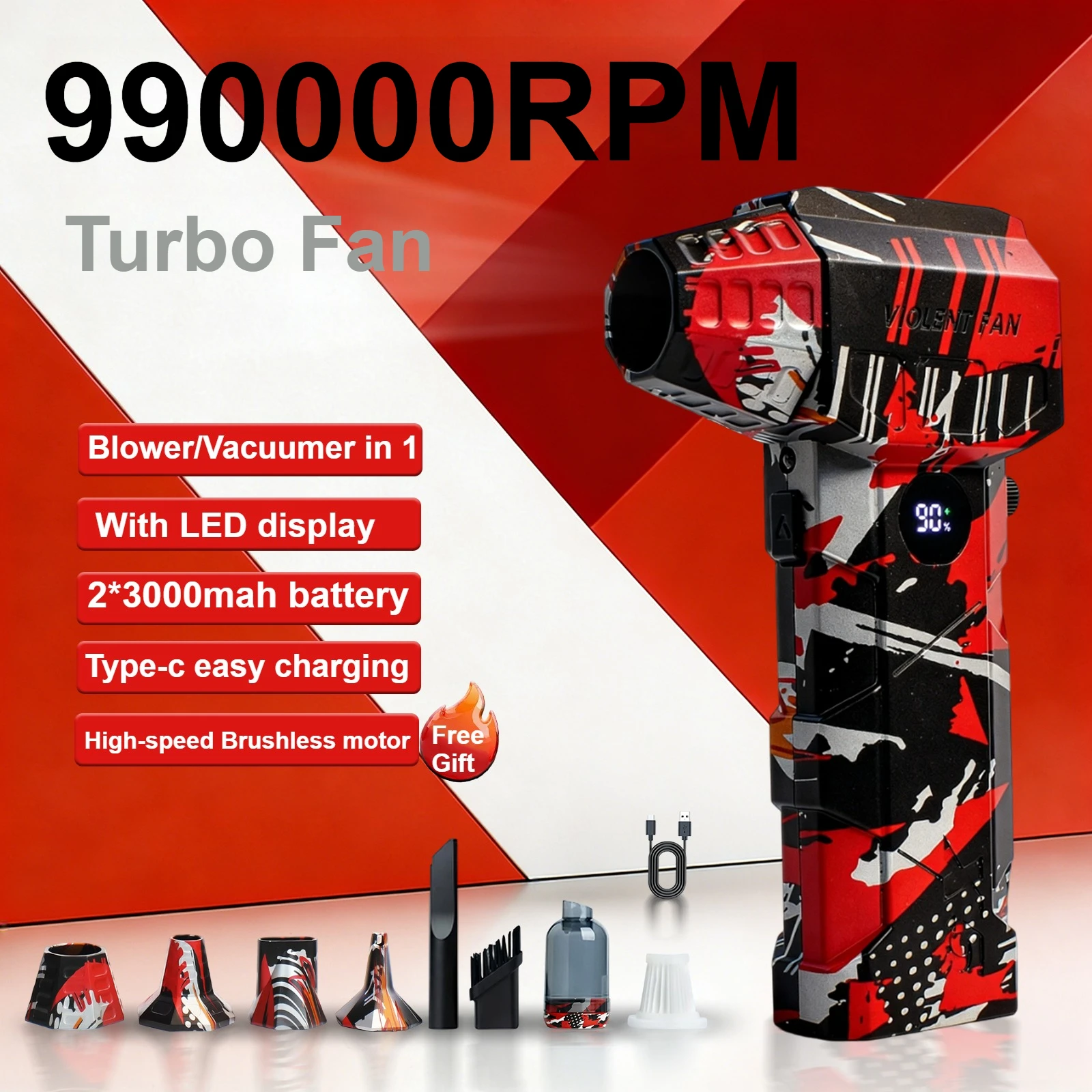 

Компрессионный вентилятор 990000 об/мин, бесщеточный двигатель, жестокий турбовентилятор, скорость ветра 75 м/с, 10000 мАч, со светодиодным дисплеем, воздухозаборник для автомобиля/ПК