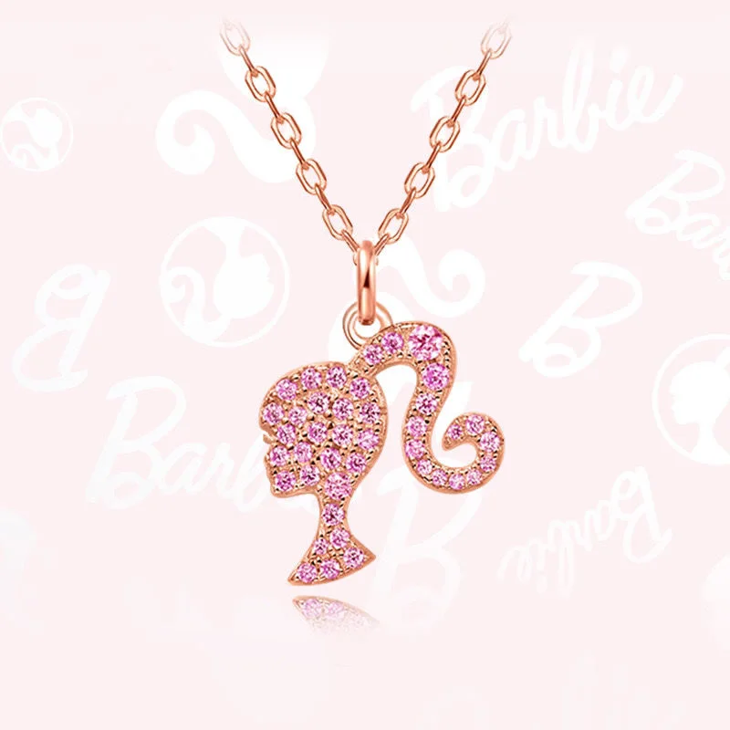 MINISO Cute Barbie Anime necklace Cartoon Kawaii 925 silver ponytail Braid carving zircon clavicle chain Pendant Girl Gifts Toys