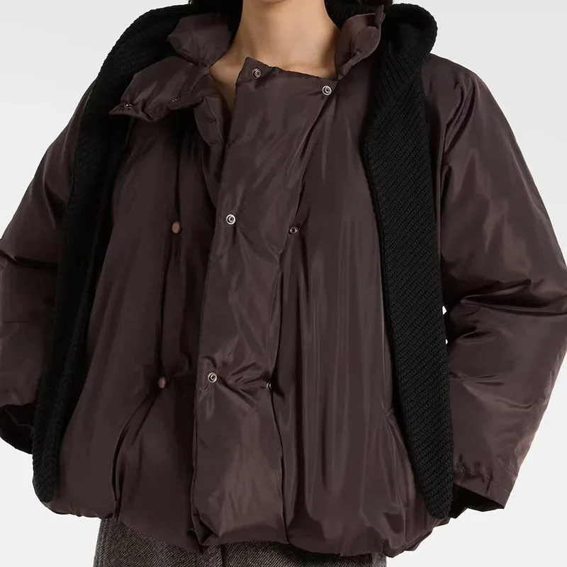 Veste d'hiver tricotée à capuche avec cordon de serrage, doudoune chaude et amincissante à la mode, veste ample pour femmes, nouvelle collection 2025