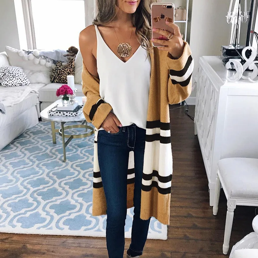 2024 New Women's Fashion Striped Medium And Long Cardigan Knitted Sweater Temperament Thin Long Sleeve Straight Outside