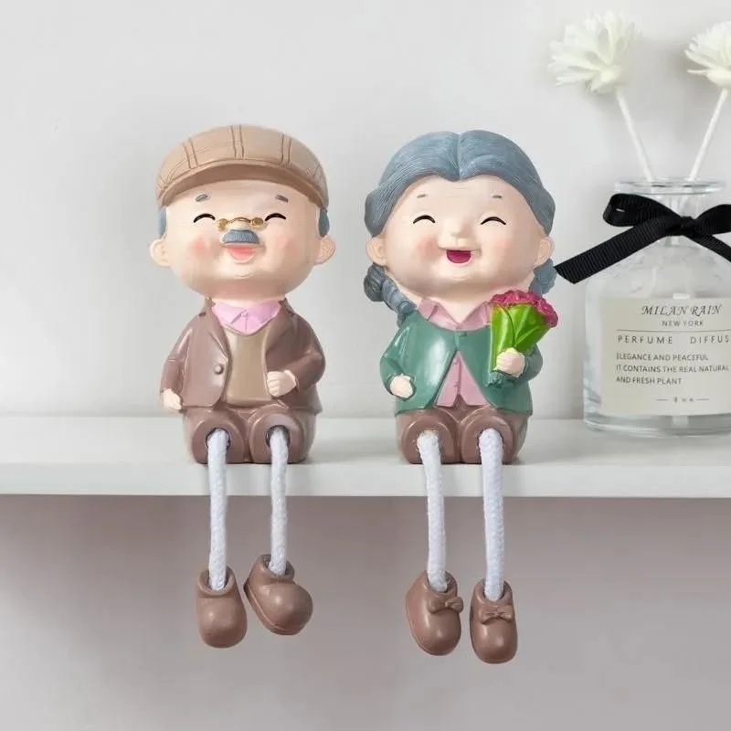 Sweety Old Lovers Couple Ornament Couple Figures Grandma Grandpa Hanging Feet Doll for Office Cabinet Miniature Home Decoration
