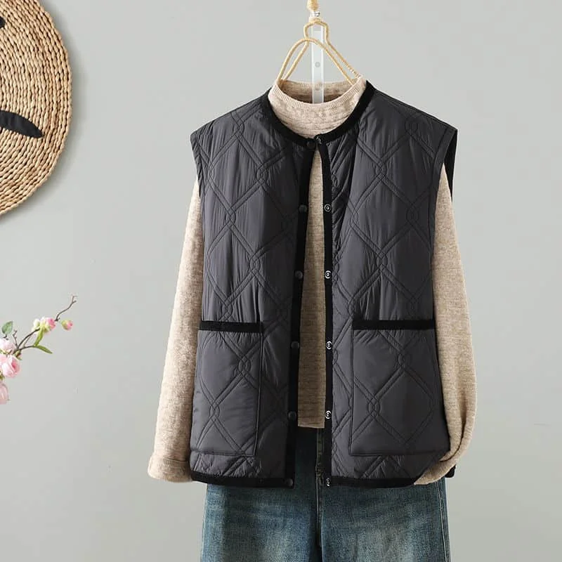 Quilted Waistcoats for Women 2026 Autumn Winter Color Blocking Vests O-neck Casual Jackets Sleeveless Cardigans Loose Women Tops