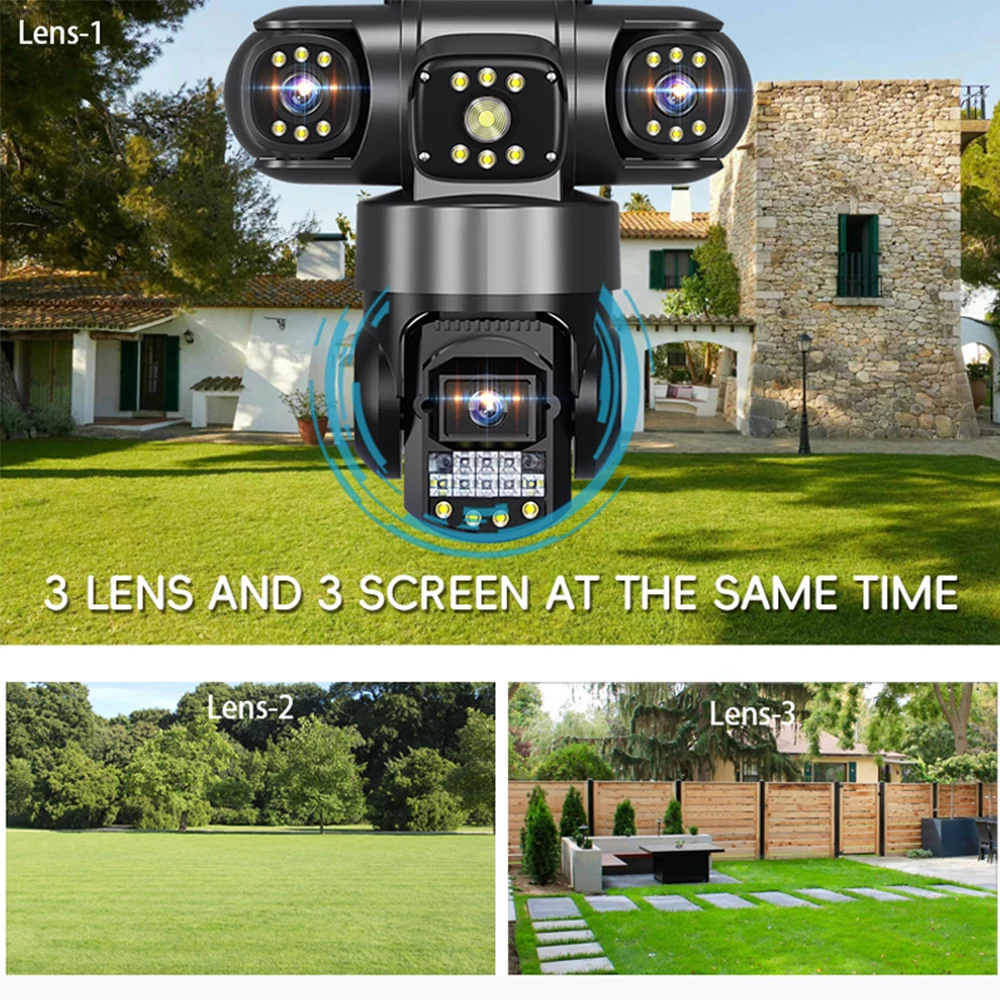 V380 PRO 4G IP Camera 15MP Three Lens Three Screen 10X Zoom Monitor Night Vision Security Protection PTZ Video Surveillance