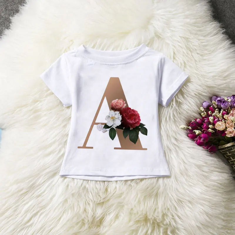 

New Unisex Letters Design Girl Clothes Shirt Birthday Tshirt Flowers Baby Boy T Shirt Crew Neck Casual White T Shirt Kids