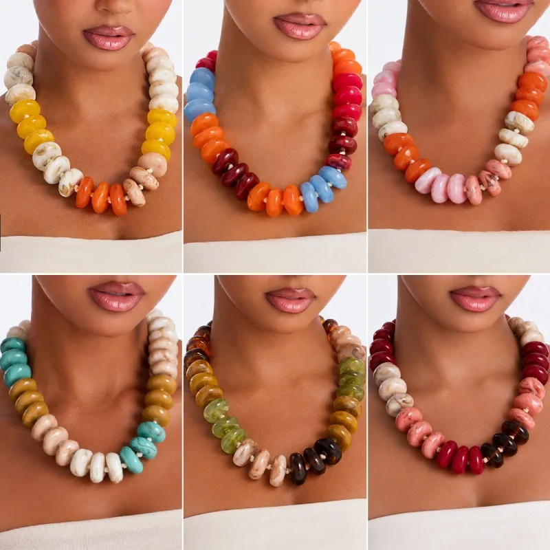 Boho Chunky Resin Beaded Necklace for Women Multicolor Swirl Disc Beads Ethnic Statement Choker Adjustable Chain Party Jewelry