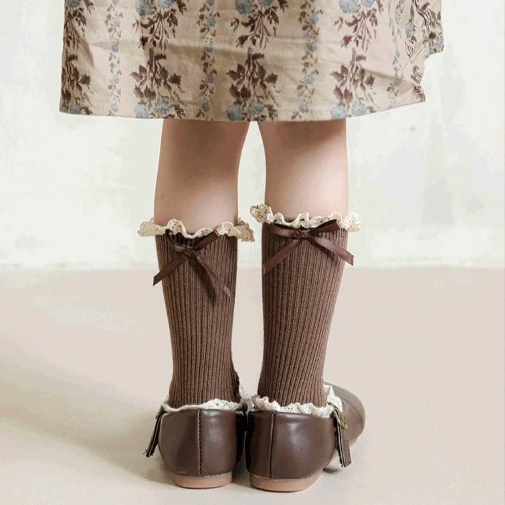 Kids Girls Lace Mid Calf Cotton Socks Retro Bow Solid Lolita Princess Hosiery Spring Autumn Daily Sweet Matching Accessories