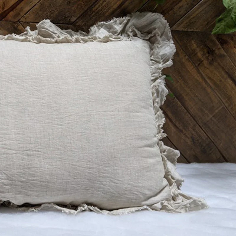 Ruffled Pillow Shams Shabby Chic Pillowcases Farmhouse Ruffle Country Elegant 100% French Washed Linen Vintage Decorative TJ7335