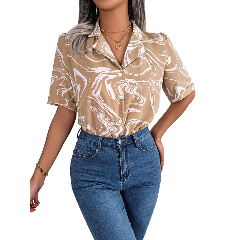 

A83F-Women's Casual Suit Collar Contrast Loose Short-Sleeved Shirt