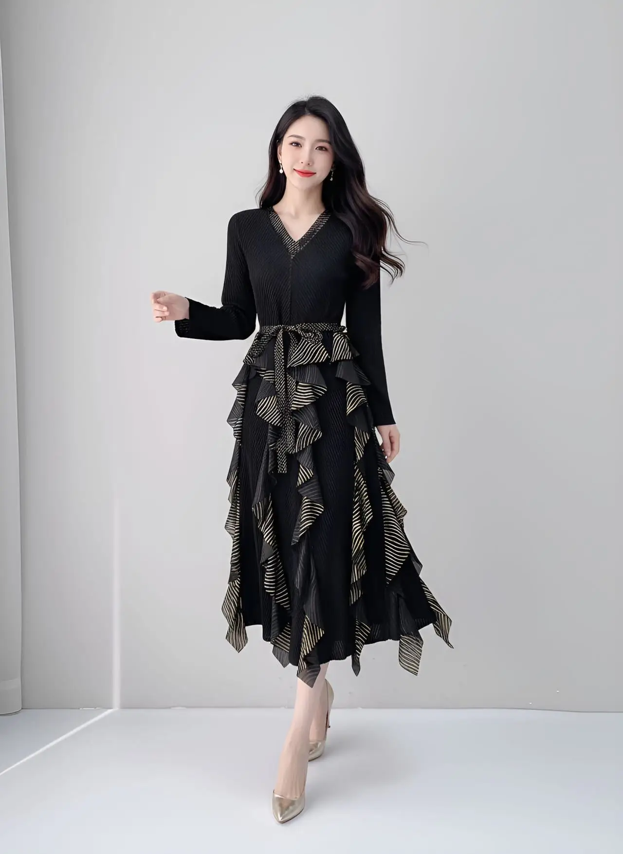 

Miyake Pleated 2025 Autumn and Winter New Ruffled V-neck Long-sleeved Skirt Temperament Fashion Pleated Dress Female Pleated