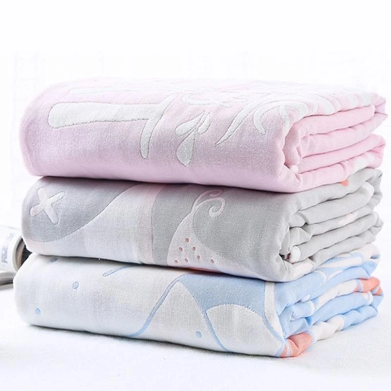 Baby Muslin Bath Towel Infant Soft Cotton Receiving Blanket Newborn Cartoon Printed 6 Layers Thick 15UB