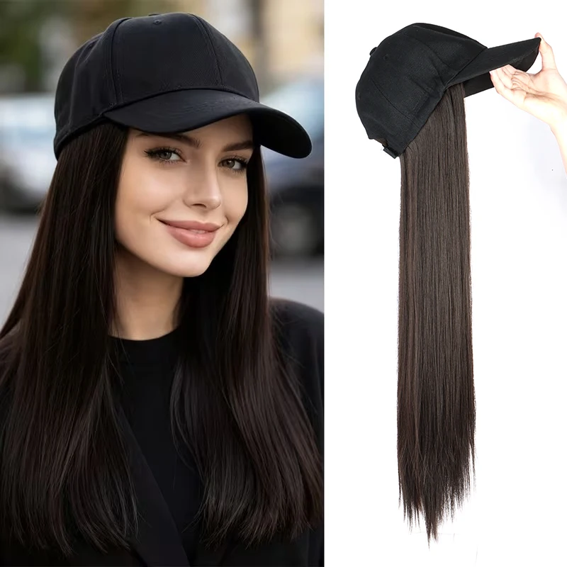24Inch Synthetic Long Straight Hair Wig for Women Baseball Cap Adjustable Heat-Resistant Hat Wigs Daily Use