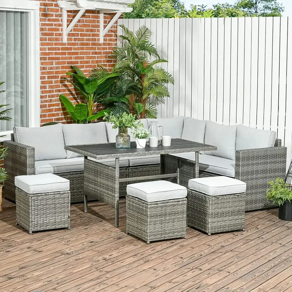 L-Shaped Rattan Outdoor Patio Sectional Sofa Set with Loveseats, Ottomans, Dining Table, Cushions, Storage, Mixed Gray