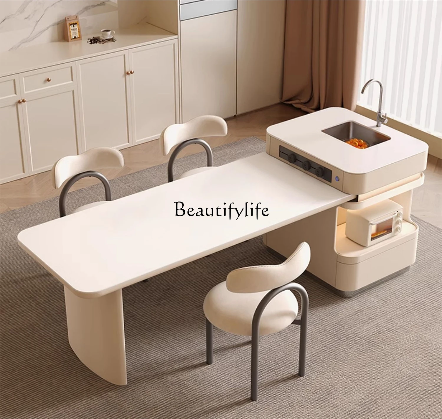 

Rock slab island dining table integrated high-grade falling table retractable storage middle island table plus sink