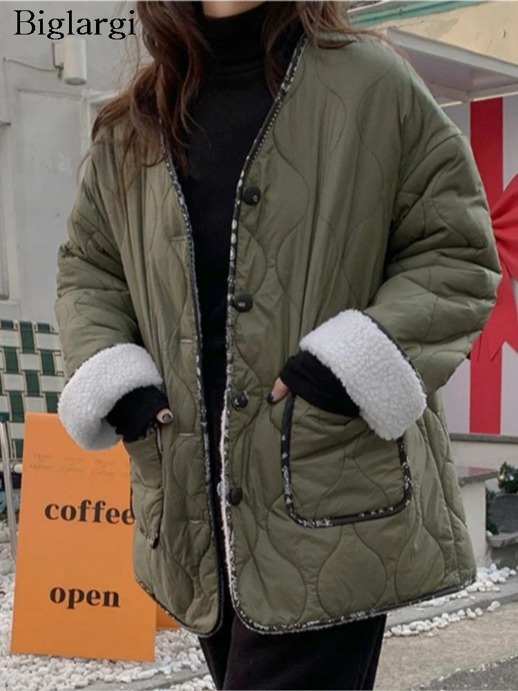 

Winter Padded Cotton Reversible Lambswool Coat Women V-Neck Korean Style Loose Ladies Jackets Casual Fashion Woman Coats