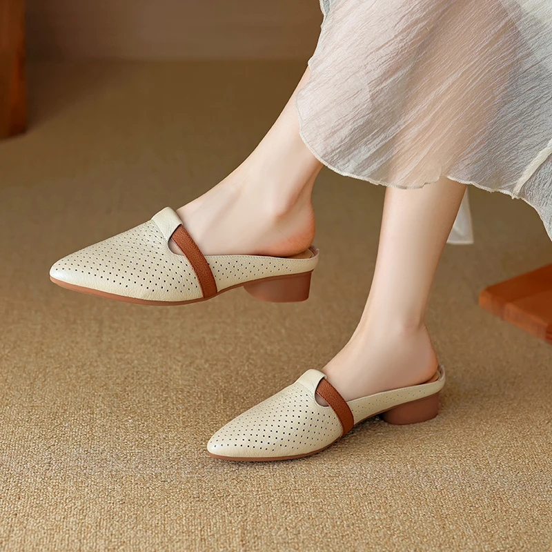 

Summer Sandals Elegant Ladies Pointed Toe Mules Spring Vintage Med Heel Shoes Beige Apricot Women Slippers