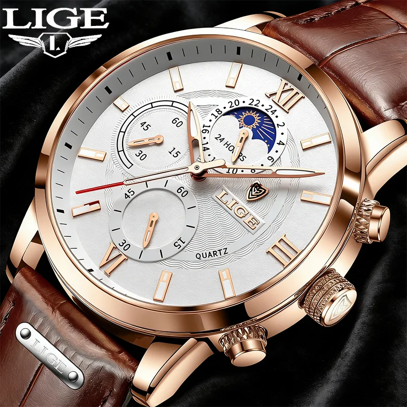 

LIGE Men's Luxury Watches Leather Waterproof Men Quartz Watch Fashion Luminous Stainless Steel Mens Watches Relogios Masculino