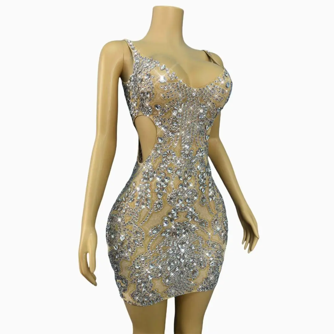 Xuebing Silver Rhinestone Mini Dress Spaghetti Strap V Neck Side Cutout Nude Mesh Bodycon Homecoming Dress