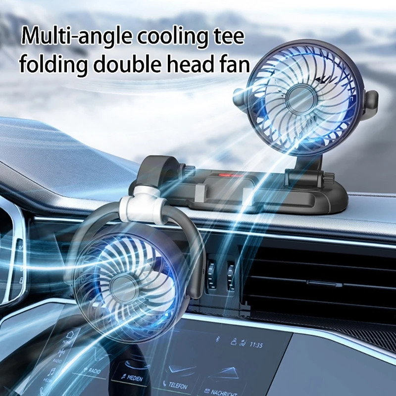 Double USB Car Fan with Mount for Wide Cooling on Road Trips Low Power Consumption Cooling Fan