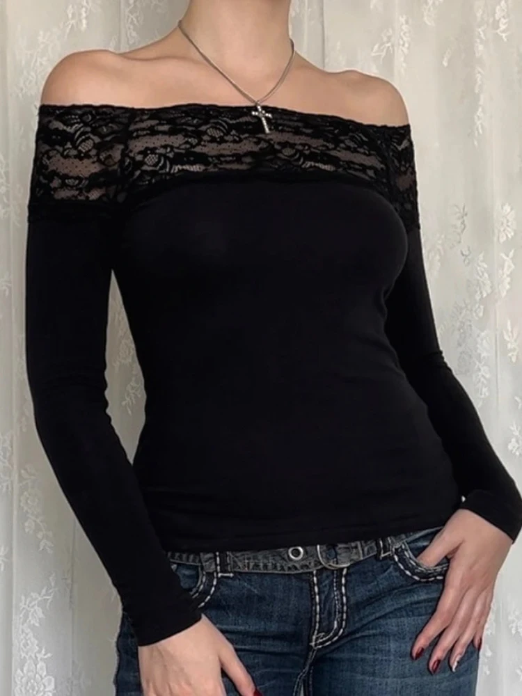 

Y2K Harajuku Lace Patchwork T-Shirt Elegant Slash Neck Long Sleeve Women's Top Sexy Skinny Fit Aesthetic Shirt Fashion Slim Top