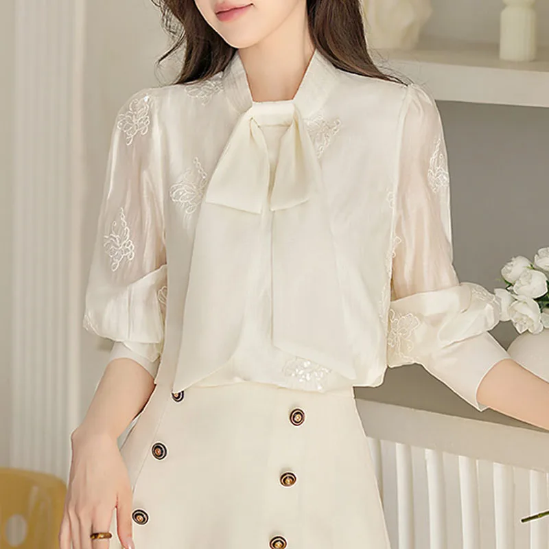 

Women Blouse Shirt Fashion Elegant Long Sleeve Bow Collar Sequins Embroidery Blouse Shirt Women Tops Blouses Shirts Blusas Q5078