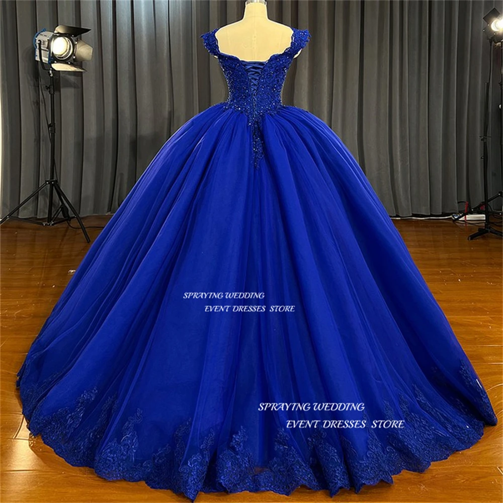 SPRAYING Princess Blue Lace Quinceanera Dresses V Neck Tulle Spaghetti Straps Prom Gown Floor Length Sleeveless Formal Dresses