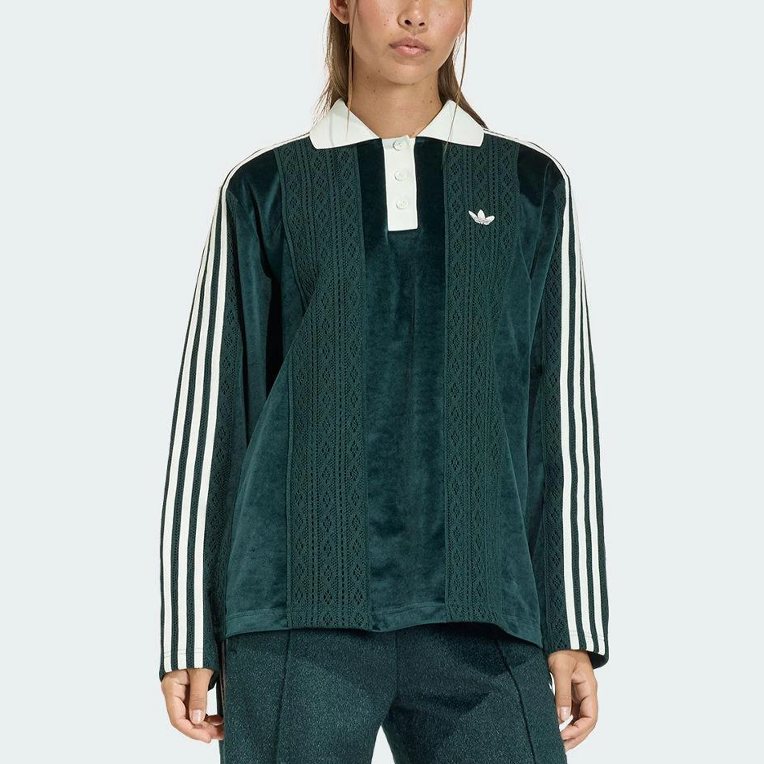 Adidas genuine clover women's loose collared three stripe jersey KS7796