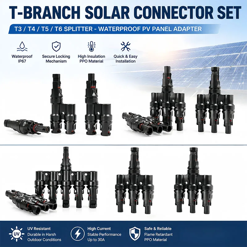 

T-Branch Solar Panel Connector T3 T4 T5 T6 T7 IP67 Waterproof Y Branch Parallel Adapter Male Female Solar Panel System Kit
