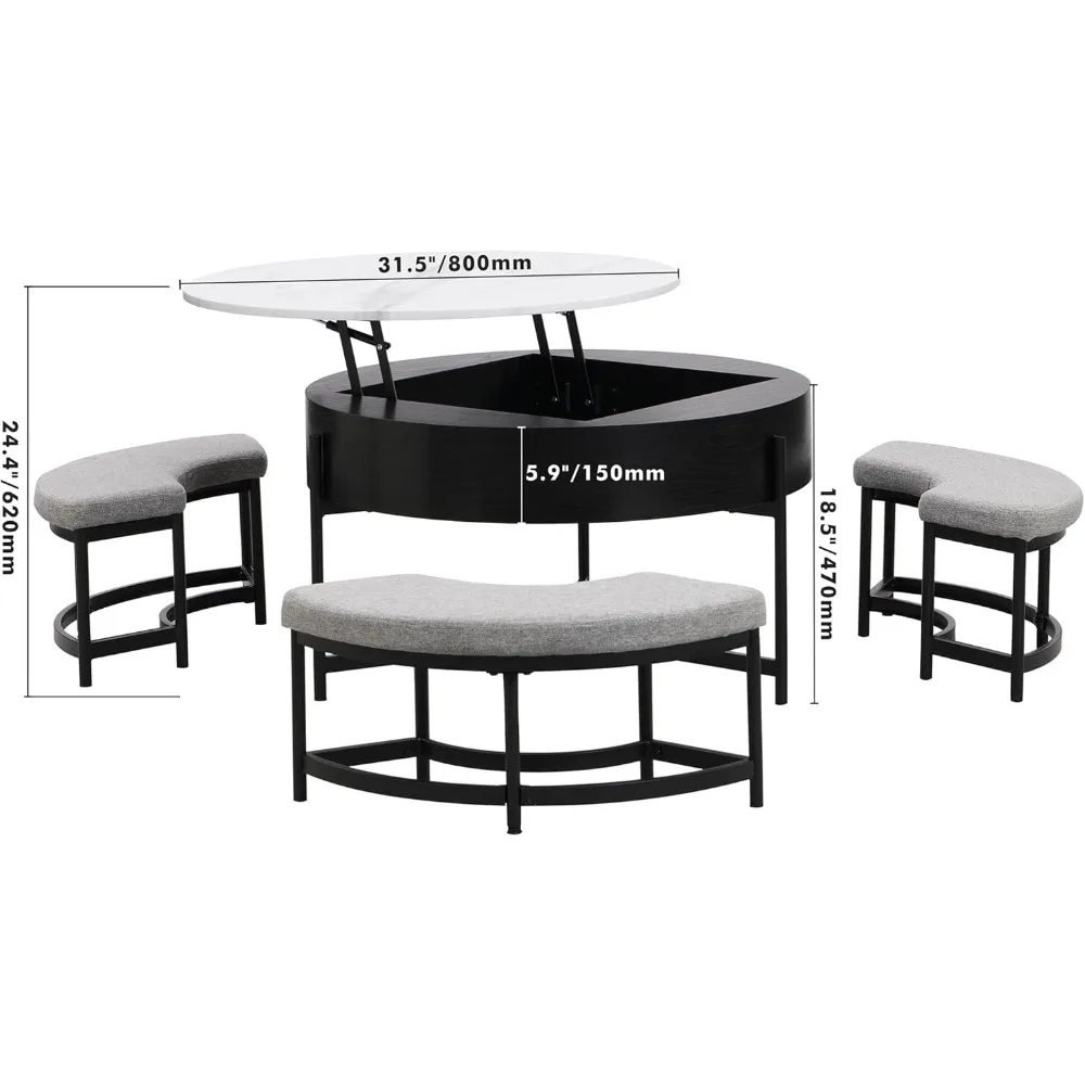 "طاولة قهوة حديثة مع مساحة تخزين قابلة للرفع و3 عثمانية، أثاث مستوحى من الرخام الأبيض/الرمادي لديكور غرفة المعيشة" #2