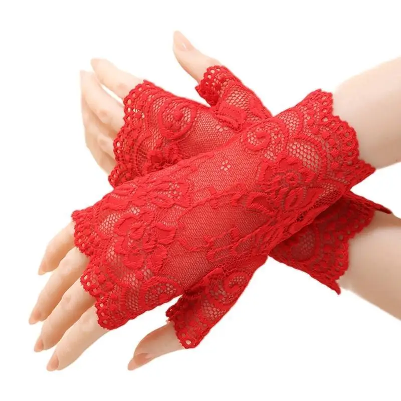 A52E Half Finger Bridal Gloves Retro Lace Embroidery Comfortable For Formal Event Photography