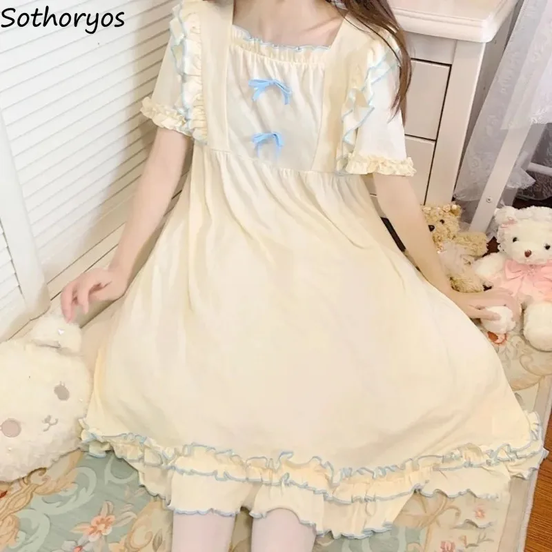 

Princess Style Nightgowns Women Sweet Summer Square Collar Midi Bow Ins Sleepwear Soft Kawaii Students Girls Lovely Cozy Female