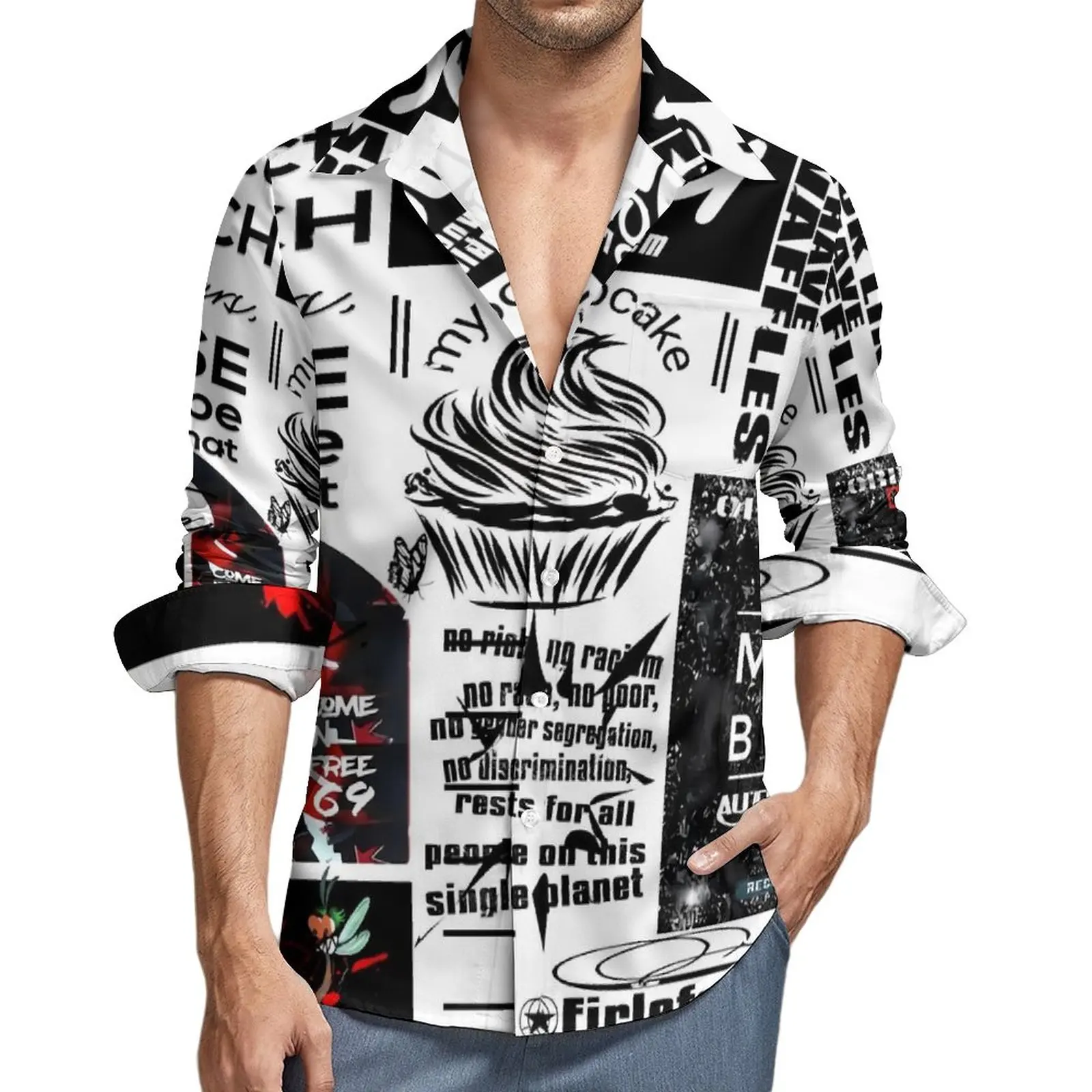 Camisa con estampado de periódico Y2K para hombre, camisas casuales de publicidad Vintage, blusas personalizadas de manga larga, ropa fresca de gran tamaño, regalo de otoño