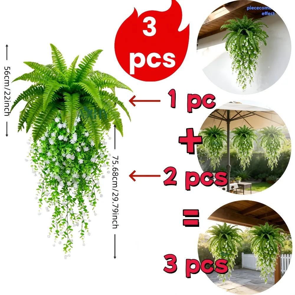 3-teiliges Set Künstliche Hängende Farnpflanzen, Seiden-Palmenblätter, Persische Ranken, UV-beständige Kunstpflanzen zur Wanddekoration – Detail 1