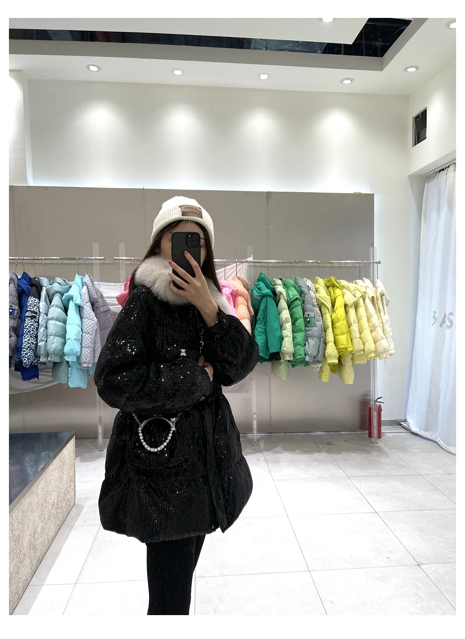 2025 vrouwen Winter 90% Witte Eend Donsjack Casual Dikker Puffer Jas Vrouwelijke Parka Pailletten Pailletten