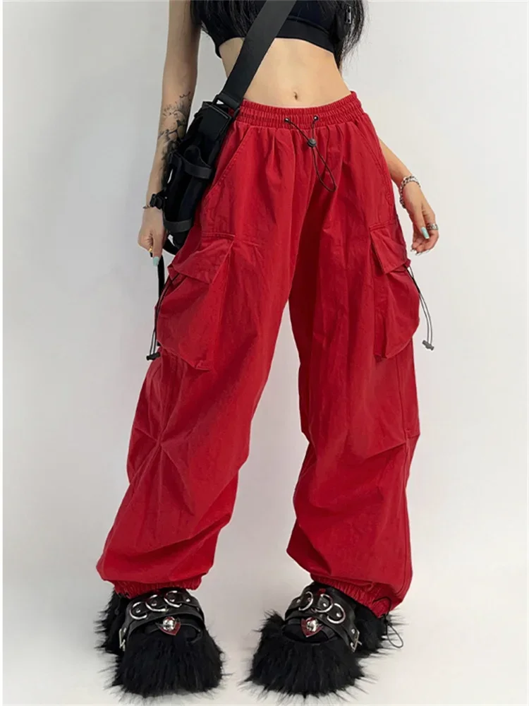 

QWEEK Cyber Y2K Red Parachute Pants Women Hip Hop Streetwear Gray Cargo Trousers Oversized Egirl Punk Black Wide Leg Pantalones