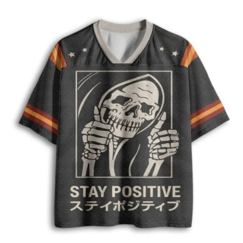 V Neck Football Jersey Skeleton Thumbs Up Stay Positive Japanese Text Print Black Orange Stripe Sleeve Loose Sport Tee