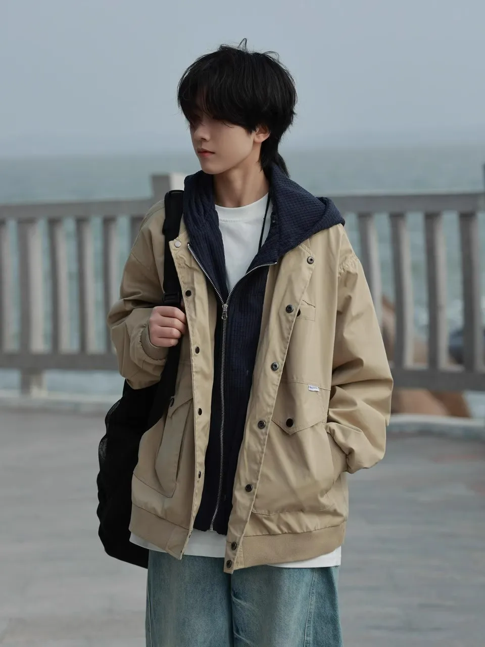 

Ретро-куртка в японском стиле с капюшоном, весенне-осенняя, свободного кроя, повседневная, в стиле колор-блок, рабочая одежда, молодежная, с длинными рукавами, на молнии