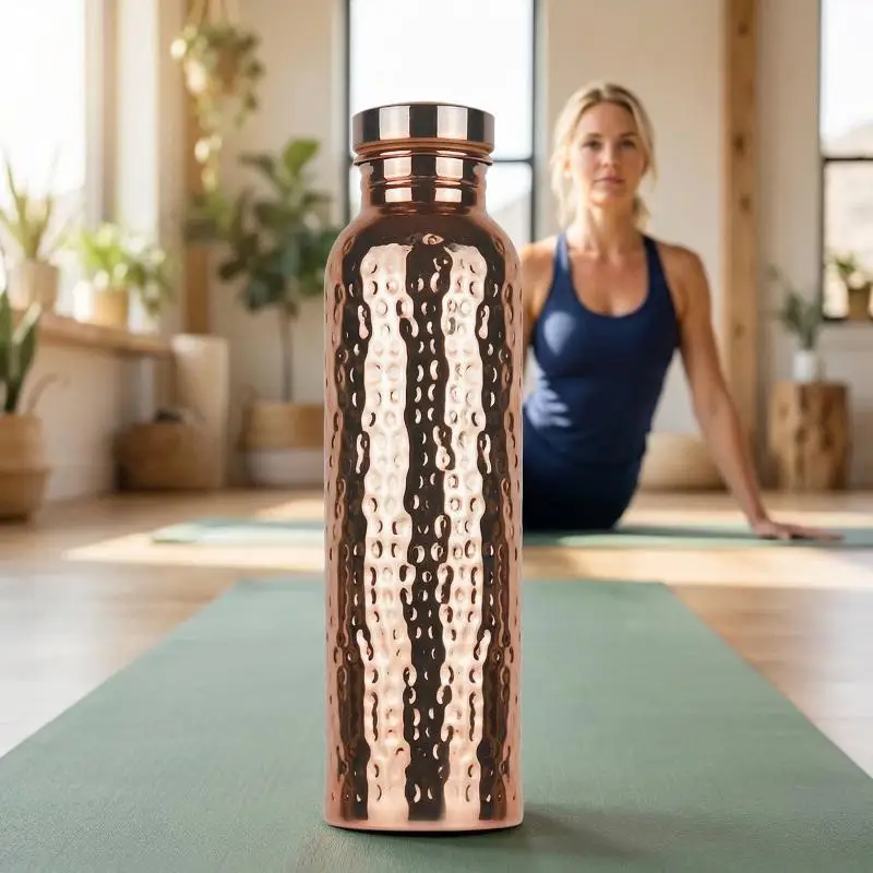 Water Bottle 800ML Copper Electroplated One-Click Open Lid Anti-Slip Hammer Pattern Sports Flask Leak Proof Gym Drinkware