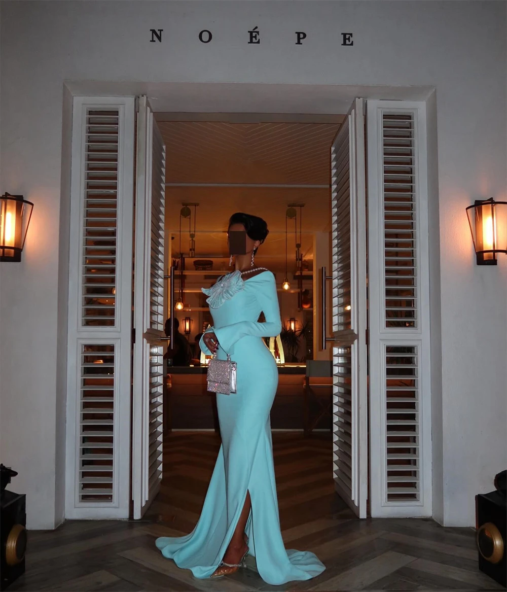 فستان سهرة كلاسيكي مخصص بدون حمالات بأكمام طويلة من الجيرسيه، فساتين مناسبة خاصة رائعة على شكل زهور حورية البحر واللؤلؤ