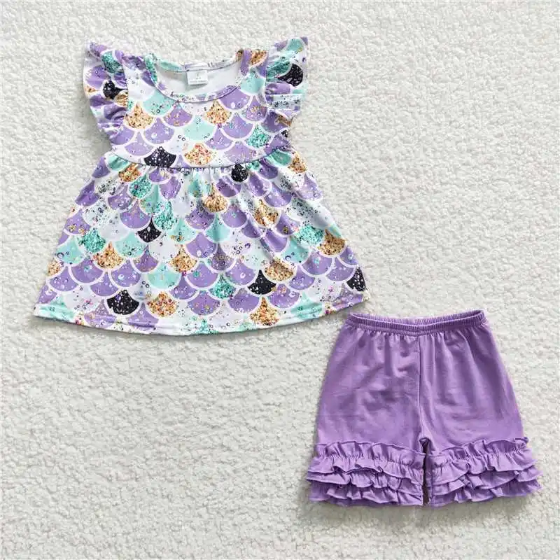 

Wholesale Girls Summer Sleeveless Shorts Multi-Element Pattern Fish Scale Print Bright Color Three-Layer Ruffle