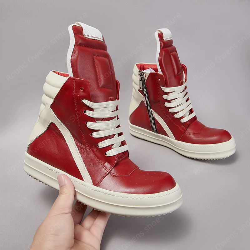 Ankle Boots Women Dark Red Leather Ro Geobasket Casual Shoes Men High Top Lace Up Zip Luxury Designer Thick Sole Flat Sneakers