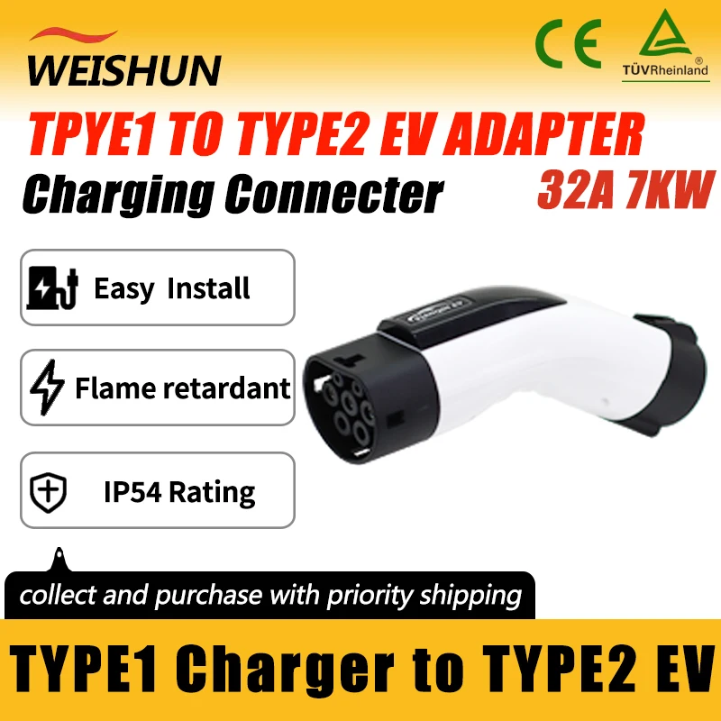 

Type1/J1772 to Type2 EV Adapter Electric Vehicle Charger Connecter for 16A/32A Type1 Charger to Type2 Electric Car Adapter