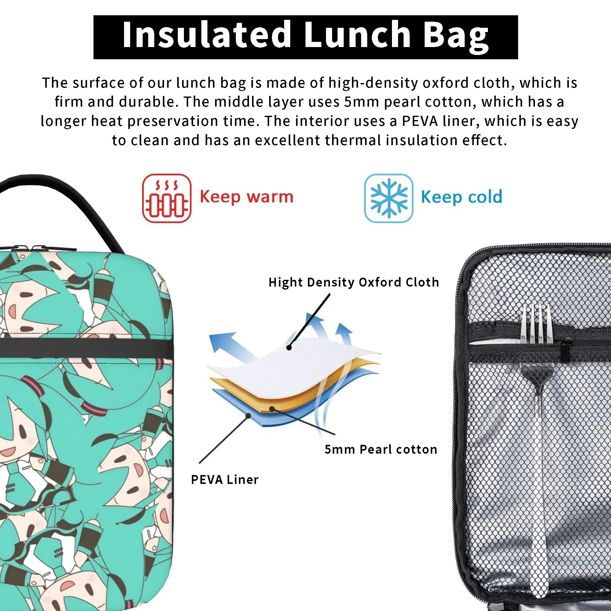 Hatsune Miku Singer Music Anime Isolierte Lunchtasche für Männer und Frauen, Lebensmittelbehälter, tragbare Thermo-Kühlboxen für die Arbeit – Detail 5