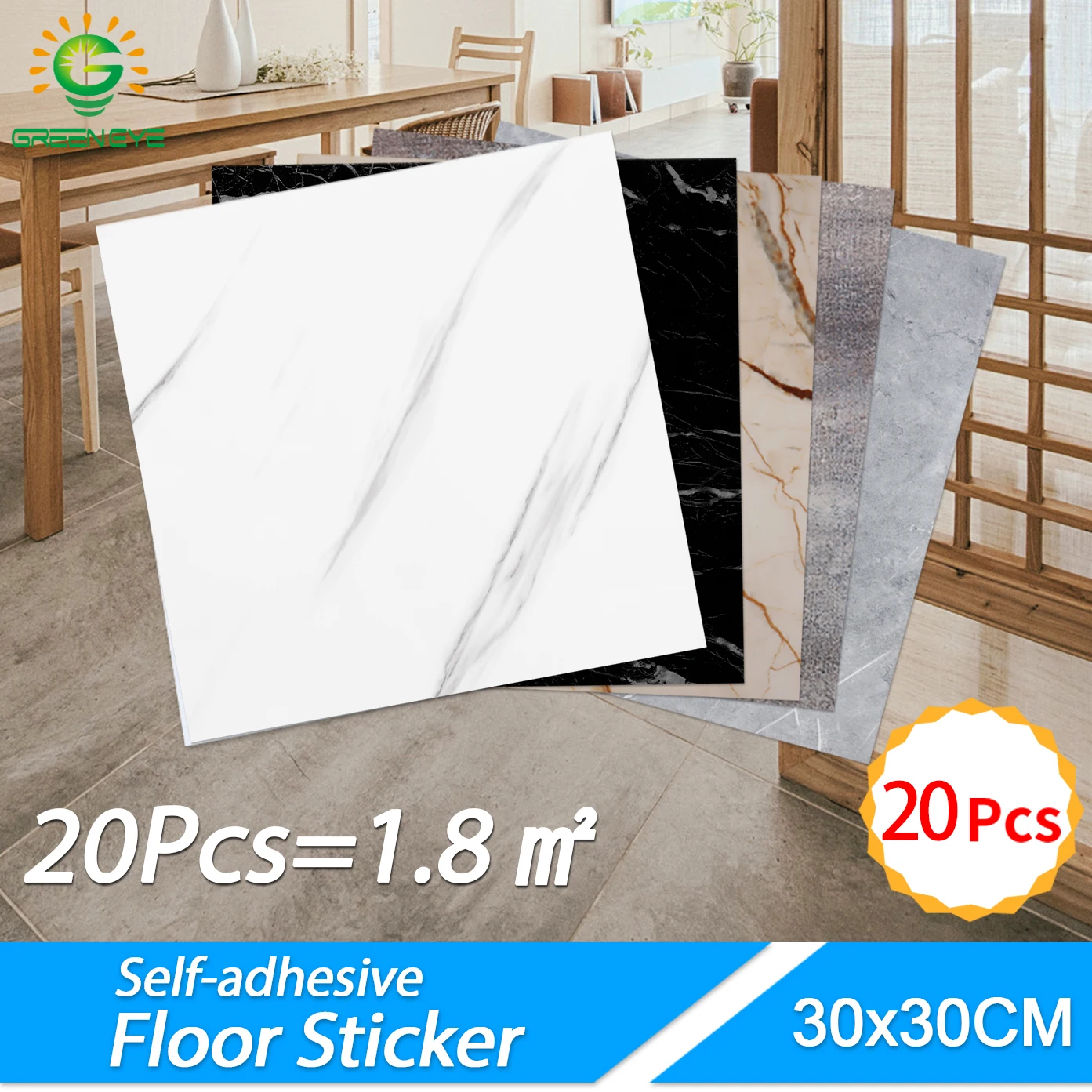 20pcs PVC Flat Imitation Marble Tile Floor Stickers 30*30cm Self-adhesive Wall Stickers Waterproof Bathroom living room Decals