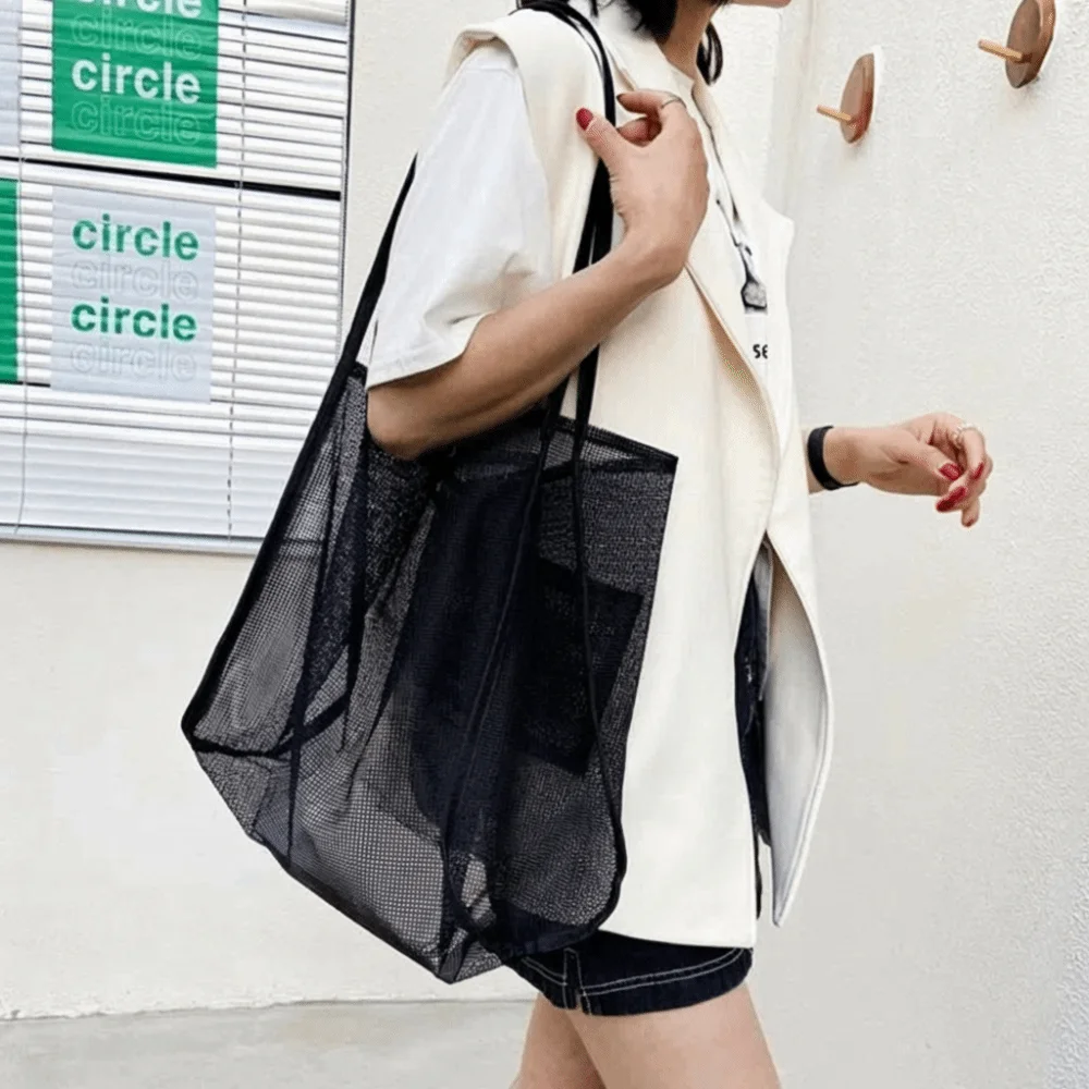 Fashion Nylon Mesh Shoulder Bag Transparent Pockets Beach Handbag Foldable Large Capacity Hollow Tote Bag Outdoor