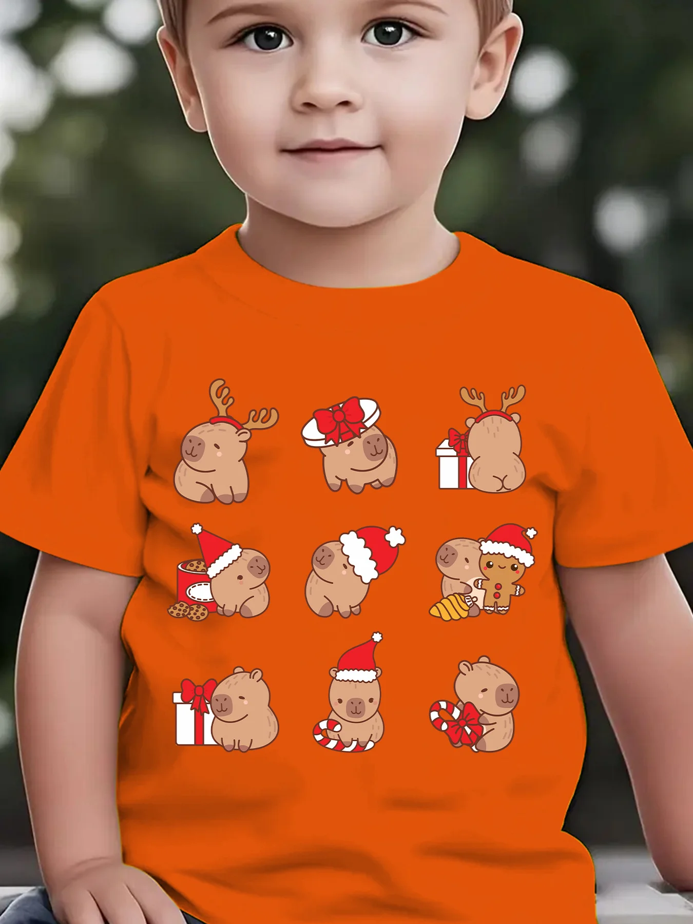Xmas Santa Hat Capybara Graphic T Shirt Boys Girls Family Matching Soft Cotton Short Sleeve Festive Children Basic Wear Tops