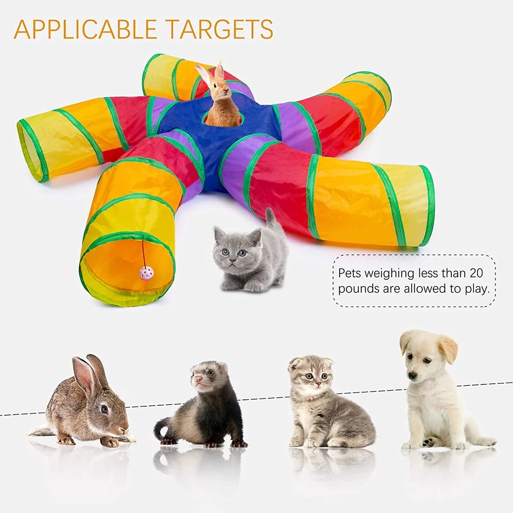 Túnel de gato dobrável com bola, brinquedos pet tubo para cachorro, forma de S, filhote interativo, 5 vias, grande