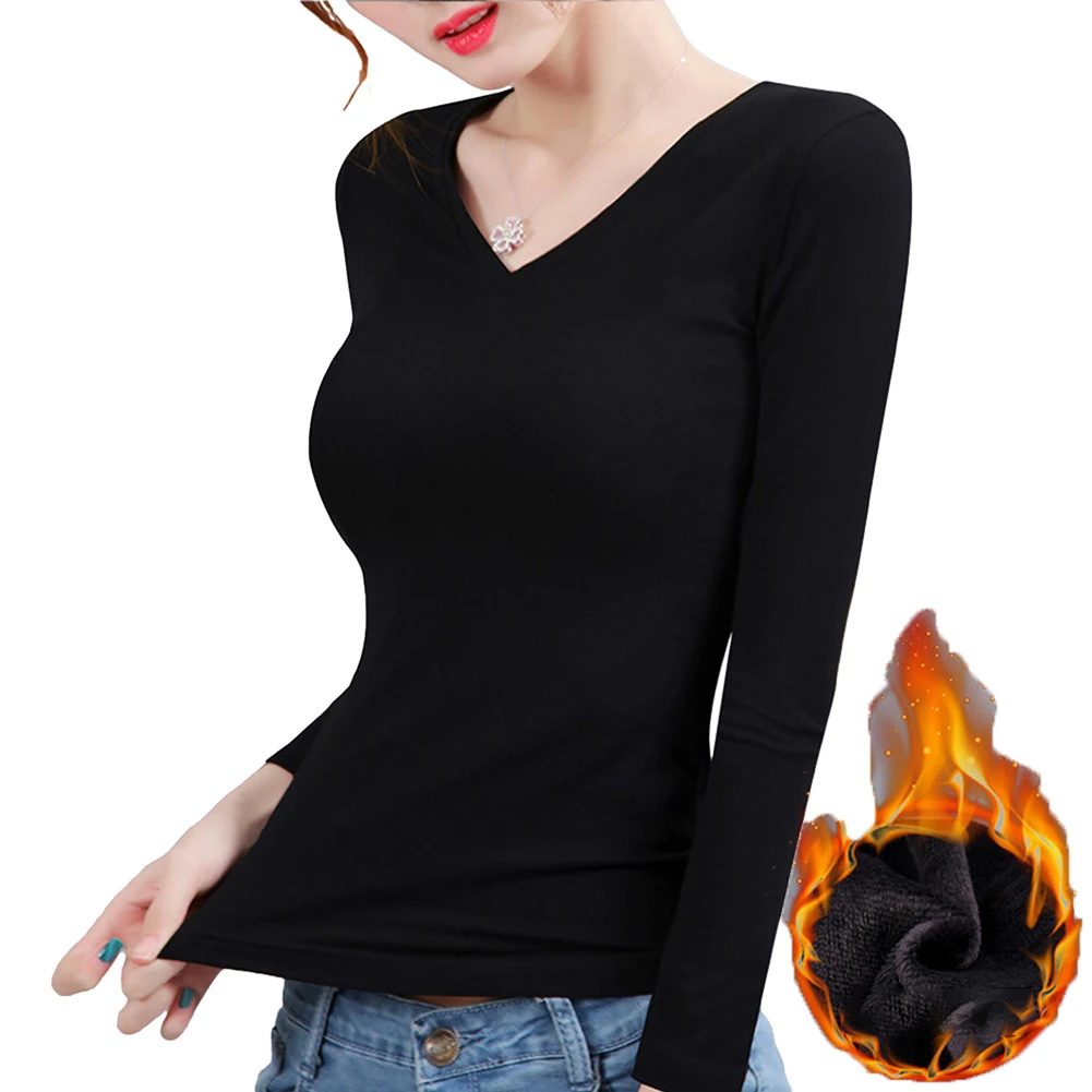 ملابس داخلية نسائية طويلة الأكمام ، تي شيرت برقبة دائرية ، طبقات ، دافئة ، ناعمة ، مبطنة ، رقبة على شكل حرف V ، ملابس علوية نسائية غير رسمية